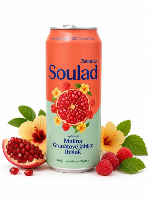 Zlatopramen Soulad nealkoholický pivní mix s příchutí maliny, granátového jablka a ibišku 500 ml